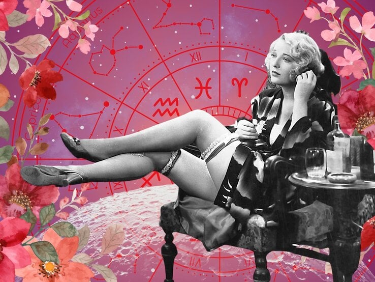 Vintage-Szene mit glamouröser Frau auf einem Sessel, umgeben von Cocktails und Zigaretten, im Hintergrund florale Illustrationen und ein Tierkreis-Kreis auf pink-lilafarbenem Grund – symbolisiert Job, Genuss und Lebenslust.