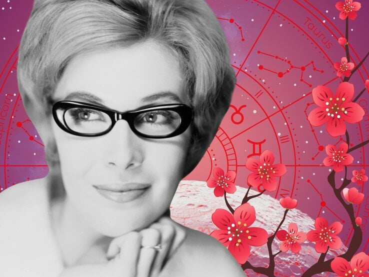 Vintage-Porträt einer eleganten Frau mit dunkler Brille, verträumter Blick zur Seite, im Hintergrund astrologische Symbole und Kirschblüten auf rosafarbenem kosmischen Hintergrund. Themenbild für berufliches Horoskop und Erfolg.
