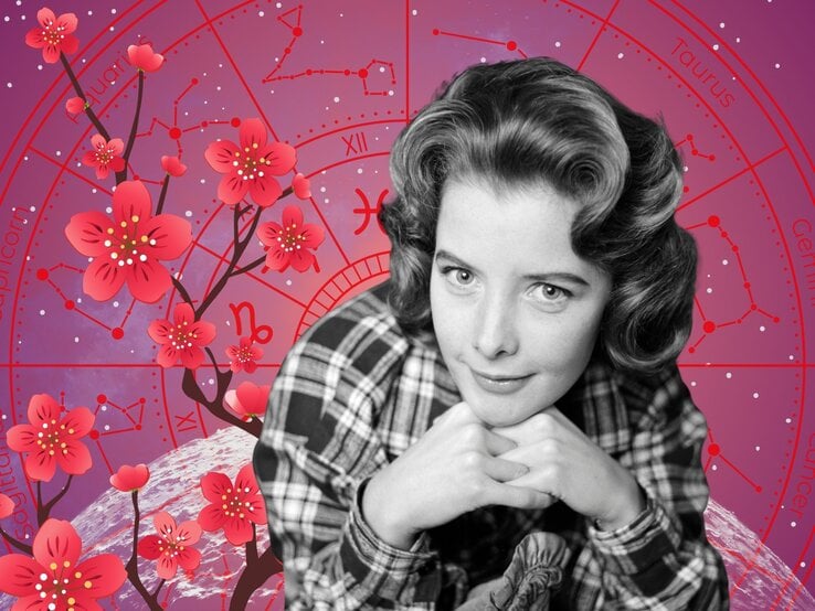 Nachdenklich blickende junge Frau mit Retrofrisur in kariertem Hemd, Schwarz-Weiß-Stil, im Hintergrund ein astrologisches Rad mit Sternzeichen und Kirschblüten. Ideal für Wochenhoroskop oder astrologische Vorausschau.