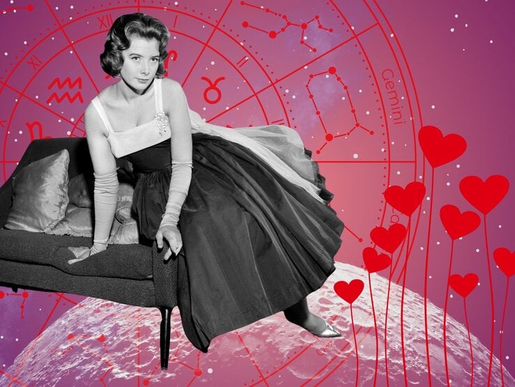 Vintage-Aufnahme einer elegant gekleideten Frau auf einem Sofa vor einem rosa-rot-violetten Horoskophintergrund mit Tierkreiszeichen und roten Herzblumen – ein visuelles Symbol für Romantik und Flirtlust unter astrologischem Einfluss.