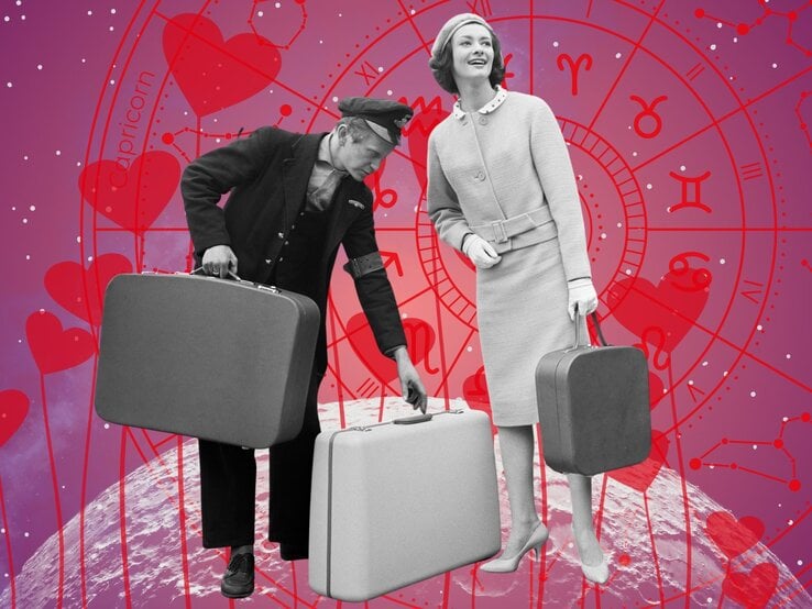 Retro-Foto eines Paares mit Koffern, die Frau im eleganten Mantel, der Mann als Gepäckträger – im Hintergrund Horoskopgrafik mit Herzen und Sternzeichen, Symbolik für Liebe auf Reisen oder emotionale Aufbrüche unter astrologischem Einfluss.