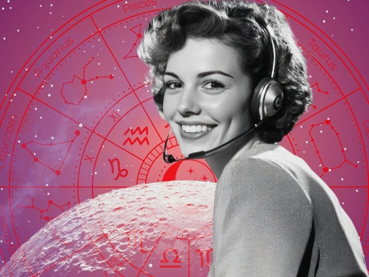 Schwarz-weißes Porträt einer fröhlich lächelnden Frau mit Kurzhaarfrisur und Headset. Im Hintergrund ein pink-violetter Sternenhimmel mit roten astrologischen Symbolen und Tierkreiszeichen.