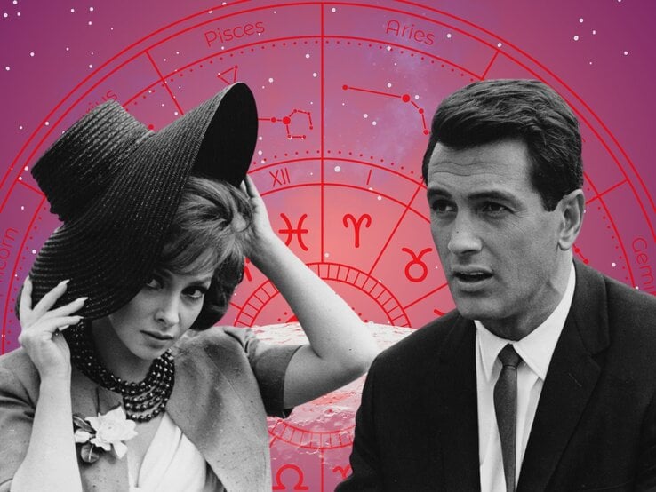 Eine stilvolle Frau mit großem schwarzen Hut und ein Mann im Anzug blicken ernst in verschiedene Richtungen. Im Hintergrund ist ein pink-violett gefärbter Tierkreis mit hervorgehobenen Sternzeichen zu sehen, unter anderem Fische, Widder und Zwillinge. Ein kosmisches, astrologisch angehauchtes Design mit retroästhetischer Schwarz-Weiß-Fotografie.
