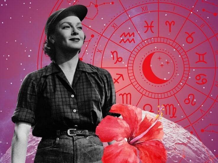 Eine Frau mit Baseballkappe und karierter Bluse steht selbstbewusst vor einem astrologischen Sternenkreis. Sie trägt eine hochsitzende Jeans und schaut nachdenklich zur Seite. Eine rote Hibiskusblüte im Vordergrund betont das feminine, kosmische Thema auf pink-lilafarbenem Hintergrund.