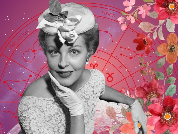 Collage aus Vintage-Fotografie und modernem Horoskop-Motiv: Eine elegant gekleidete Frau im Retro-Stil mit Hut und Spitzenkleid posiert lächelnd. Im Hintergrund sind astrologische Sternzeichen wie Widder, Stier und Wassermann zu sehen, dazu ein pink-violetter Sternenhimmel. Blumenillustrationen in Rot, Orange und Rosa rahmen das Bild ein – ein Mix aus Nostalgie, Romantik und mystischer Astrologie.