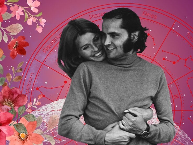 Romantische Collage mit einem verliebten Paar im Vintage-Stil: Eine Frau umarmt einen Mann von hinten und lächelt ihn liebevoll an. Beide tragen Retro-Kleidung. Im Hintergrund sind astrologische Sternzeichen wie Capricorn, Aquarius, Pisces und Aries auf einem pink-violetten Sternenhimmel zu sehen. Florale Illustrationen mit roten, rosafarbenen und orangen Blüten rahmen die Szene ein – eine harmonische Verbindung von Liebe, Nostalgie und Astrologie.