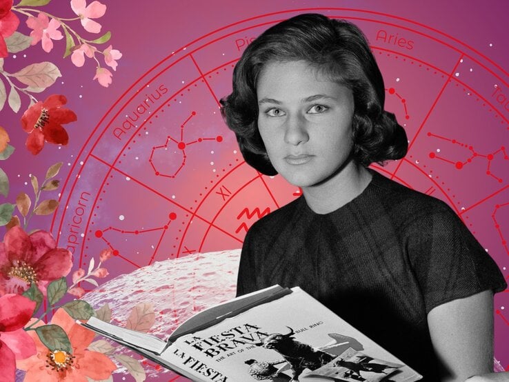Vintage-Foto einer jungen Frau mit ernstem Blick, die ein aufgeschlagenes Buch mit dem Titel ‚La Fiesta Brava‘ in der Hand hält. Im Hintergrund ist ein pink-violetter Sternenhimmel mit astrologischen Sternzeichen wie Capricorn, Aquarius und Aries zu sehen. Blumenillustrationen in kräftigen Rot-, Rosa- und Orangetönen rahmen das Bild – eine Mischung aus Retro-Stil, Intellekt und Astrologie.