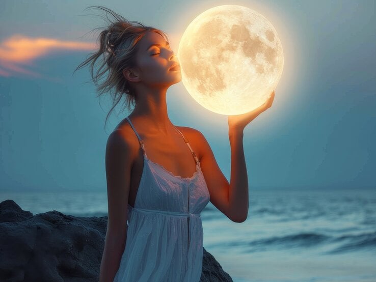 Stimmungsvolle Szene am Meer: Eine junge Frau im weißen Kleid steht auf einem Felsen bei Sonnenuntergang und hält symbolisch einen großen, leuchtenden Vollmond in der Hand. Ihr Gesicht ist dem Mond zugewandt, die Augen geschlossen – eine verträumte, mystisch-romantische Atmosphäre.“