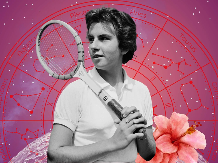 Junger Mensch mit Tennisschläger vor Sternenhimmel mit Tierkreiszeichen. Der sportliche Fokus steht für Einsatzbereitschaft und Zielorientierung im Berufsleben. Hibiskusblüte im Vordergrund.