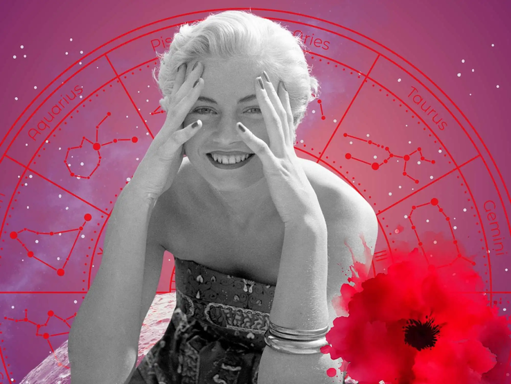 Lachende Frau mit retro Frisur und schulterfreiem Kleid vor einem astrologischen Sternzeichenkreis auf pink-violettem Hintergrund – symbolisiert Freude, Glück und kosmische Fügung.