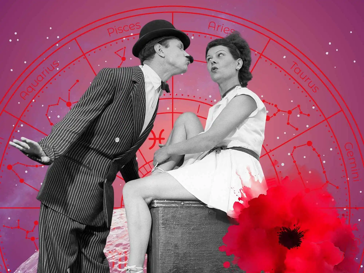 Schwarz-weiß Bild eines flirtenden Paars in Vintage-Kleidung vor einem astrologischen Hintergrund – illustriert romantische Spannung und humorvolle Liebesaussichten.