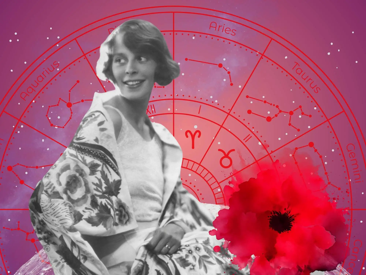 Vintage-Frau mit geblümtem Tuch lächelt verträumt vor einem roten Sternzeichenkreis – zeigt die Verbindung zwischen persönlichem Stil und astrologischer Wochenvorschau.