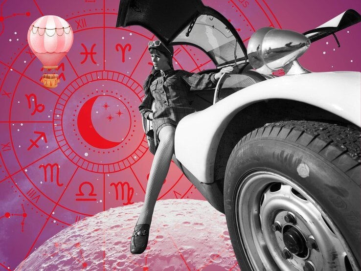 Collage aus Vintage-Elementen mit einer Frau in Netzstrumpfhosen, die aus einem Oldtimer steigt, vor einem astrologischen Hintergrund mit Tierkreiszeichen, Mondsymbol und Heißluftballon – symbolisiert ein kosmisches Abenteuer im Zeichen des Jobhoroskops.
