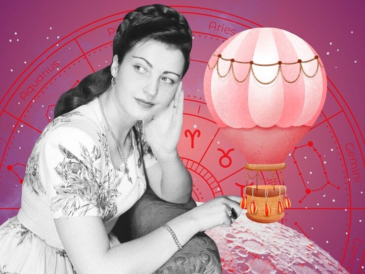 Retro-inspirierte Frau im floralen Kleid mit verträumtem Blick, lehnt sich an eine Mondoberfläche, vor einem astrologischen Hintergrund mit Tierkreiszeichen und Heißluftballon – steht symbolisch für einen fantasievollen Start in die Horoskopwoche.