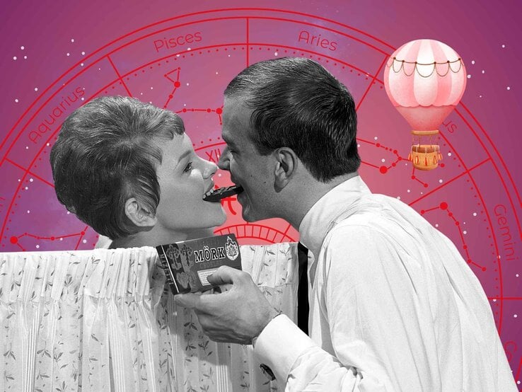 Schwarz-weißes Retro-Paar teilt sich ein Stück Schokolade mit dem Mund vor einem farbigen astrologischen Hintergrund mit Tierkreiszeichen wie Aries und Pisces. Im Hintergrund schwebt ein rosafarbener Heißluftballon.