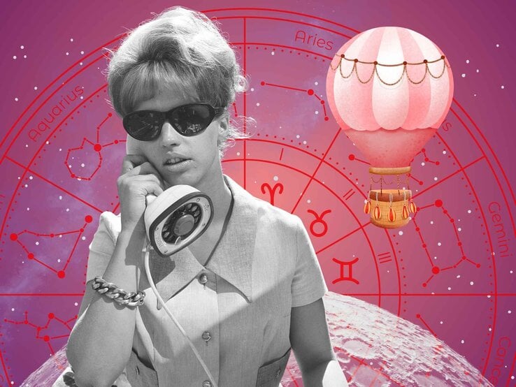 Retro-Frau mit Sonnenbrille und Telefonhörer im Schwarz-Weiß-Stil vor astrologischem Tierkreiszeichen-Hintergrund. Ein rosa Heißluftballon schwebt daneben, über einer kosmischen Mondlandschaft.