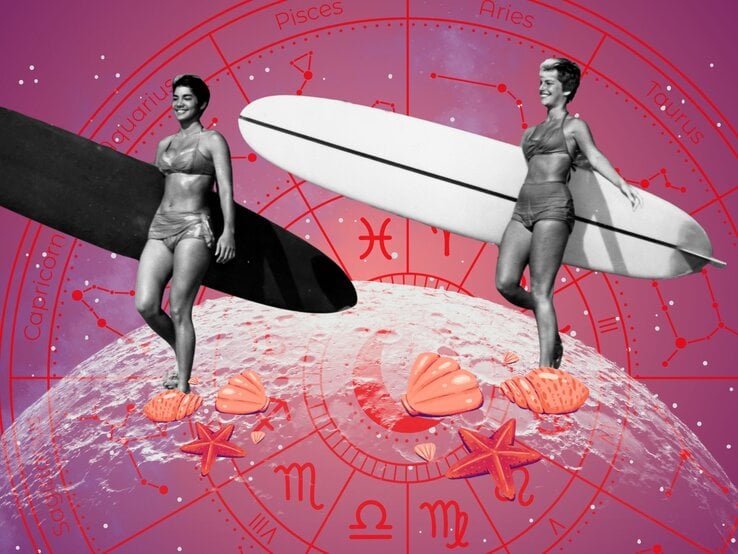 Zwei Frauen in Vintage-Bademode tragen Surfbretter, vor einem astrologischen Hintergrund mit Tierkreiszeichen und Muscheln, Symbol für Freiheit und Abenteuerlust.
