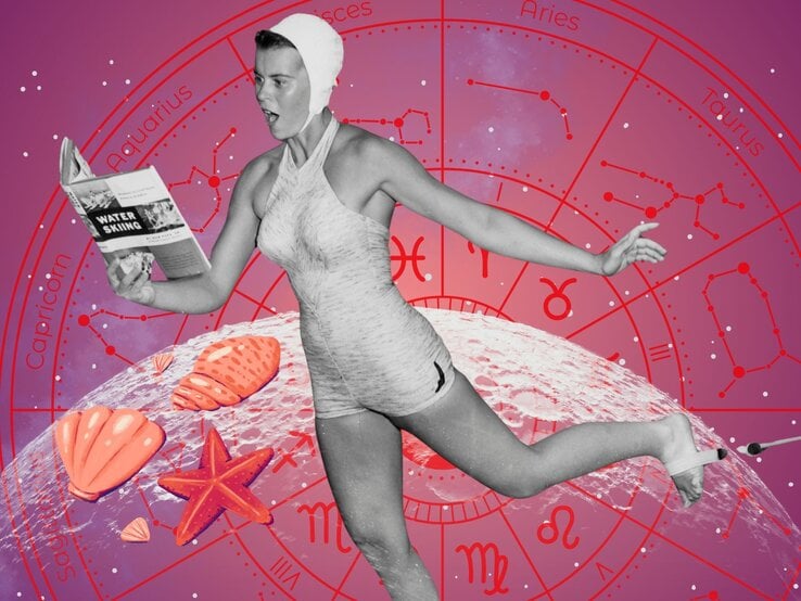 Frau in Badeanzug und Badekappe liest ein Wasserski-Buch, während sie vor einem astrologischen Hintergrund mit Sternbildern und Muscheln posiert.