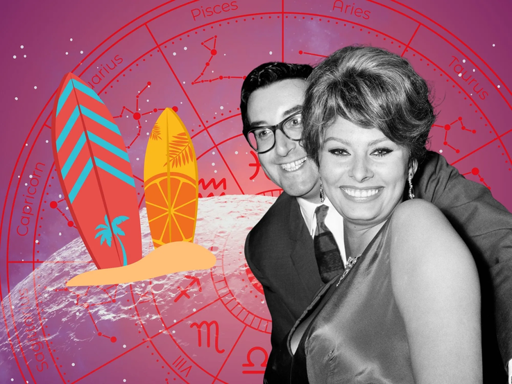 Vintage-Foto eines lachenden Paares, die Frau trägt ein elegantes Kleid, der Mann eine Brille und Anzug. Dahinter ein astrologischer Sternzeichenkreis und farbenfrohe Surfbretter als Collage-Elemente.