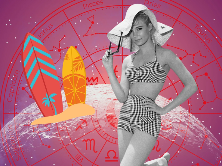 Schwarz-weiß Foto einer Frau im Retro-Bikini mit großem Sonnenhut und Sonnenbrille in der Hand. Hintergrund: astrologischer Sternzeichenkreis mit pinkem Farbverlauf und zwei illustrativen Surfbrettern.