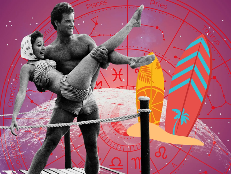 Retro-Strandszene in Schwarz-Weiß: Ein Mann hebt eine Frau im Bikini lachend in die Höhe. Im Hintergrund ein bunter astrologischer Sternzeichenkreis mit Surfbrettern als grafische Elemente.