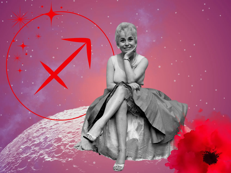 Monatshoroskop für das Sternzeichen Schütze: Illustration eine Frau im Retrostil vor einem pink-lilafarbenen Weltraumhintergrund mit Sternenhimmel und Mond. Rechts unten im Bild eine rote Mohnblume. Links oben in einem Kreis ist das rote Symbol des Tierkreiszeichens Schütze. 