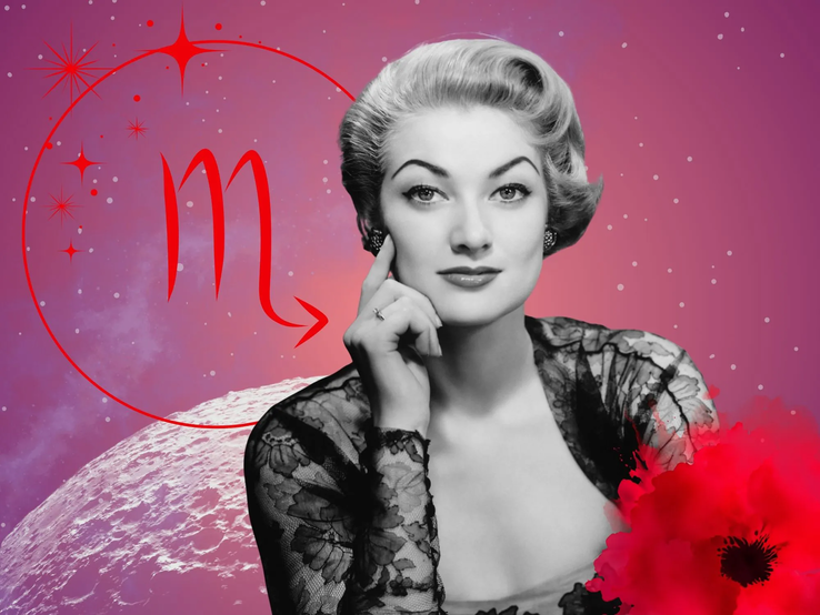 Monatshoroskop für das Sternzeichen Skorpion: Illustration eine Frau im Retrostil vor einem pink-lilafarbenen Weltraumhintergrund mit Sternenhimmel und Mond. Rechts unten im Bild eine rote Mohnblume. Links oben in einem Kreis ist das rote Symbol des Tierkreiszeichens Skorpion. 