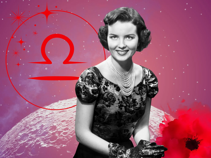 Monatshoroskop für das Sternzeichen Waage: Illustration eine Frau im Retrostil vor einem pink-lilafarbenen Weltraumhintergrund mit Sternenhimmel und Mond. Rechts unten im Bild eine rote Mohnblume. Links oben in einem Kreis ist das rote Symbol des Tierkreiszeichens Waage. 