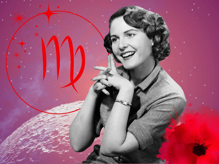 Monatshoroskop für das Sternzeichen Jungfrau: Illustration eine Frau im Retrostil vor einem pink-lilafarbenen Weltraumhintergrund mit Sternenhimmel und Mond. Rechts unten im Bild eine rote Mohnblume. Links oben in einem Kreis ist das rote Symbol des Tierkreiszeichens Jungfrau. 