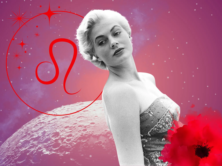 Monatshoroskop für das Sternzeichen Löwe: Illustration eine Frau im Retrostil vor einem pink-lilafarbenen Weltraumhintergrund mit Sternenhimmel und Mond. Rechts unten im Bild eine rote Mohnblume. Links oben in einem Kreis ist das rote Symbol des Tierkreiszeichens Löwe. 