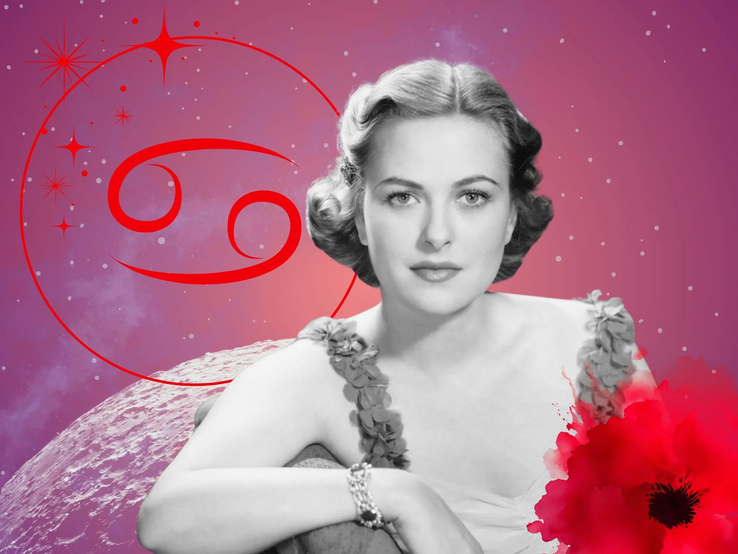 Monatshoroskop für das Sternzeichen Krebs: Illustration eine Frau im Retrostil vor einem pink-lilafarbenen Weltraumhintergrund mit Sternenhimmel und Mond. Rechts unten im Bild eine rote Mohnblume. Links oben in einem Kreis ist das rote Symbol des Tierkreiszeichens Krebs. 