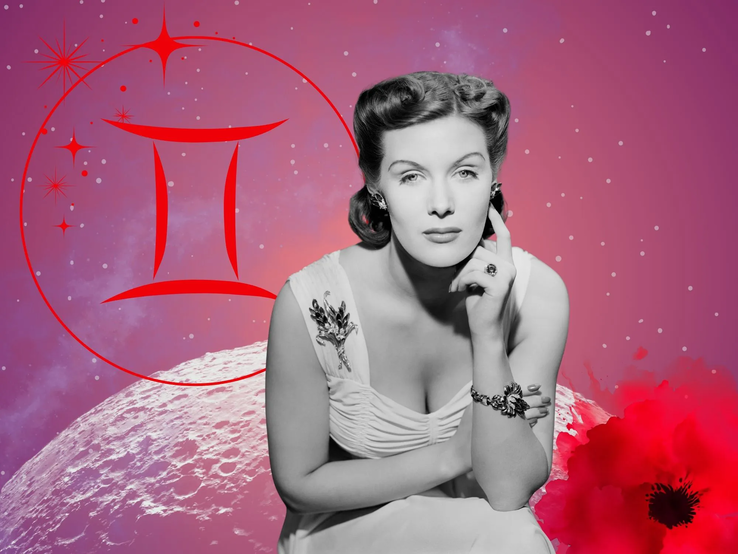 Monatshoroskop für das Sternzeichen Zwillinge: Illustration eine Frau im Retrostil vor einem pink-lilafarbenen Weltraumhintergrund mit Sternenhimmel und Mond. Rechts unten im Bild eine rote Mohnblume. Links oben in einem Kreis ist das rote Symbol des Tierkreiszeichens Zwillinge. 