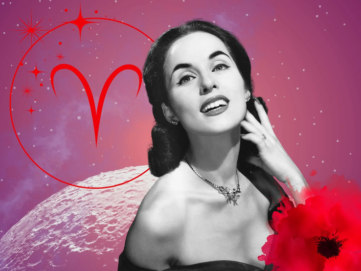 Monatshoroskop für das Sternzeichen Widder: Illustration eine Frau im Retrostil vor einem pink-lilafarbenen Weltraumhintergrund mit Sternenhimmel und Mond. Rechts unten im Bild eine rote Mohnblume. Links oben in einem Kreis ist das rote Symbol des Tierkreiszeichens Widder. 