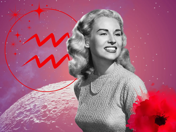 Monatshoroskop für das Sternzeichen Wassermann: Illustration eine Frau im Retrostil vor einem pink-lilafarbenen Weltraumhintergrund mit Sternenhimmel und Mond. Rechts unten im Bild eine rote Mohnblume. Links oben in einem Kreis ist das rote Symbol des Tierkreiszeichens Wassermann. 