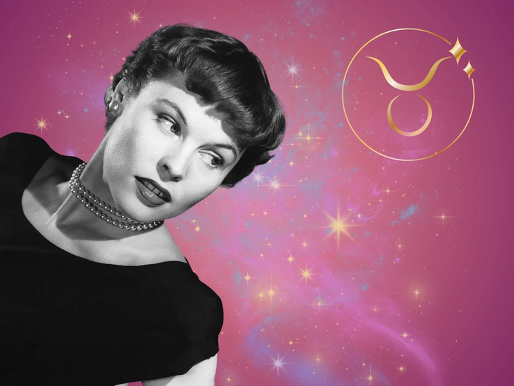 Symbolbild für das Jahreshoroskop 2026 für das Sternzeichen Stier. Illustration einer Frau im Retrostil vor einem pink-lilafarbenen Hintergrund mit einem bunten Sternennebel und dem goldglänzenden Symbol des Sternzeichens.