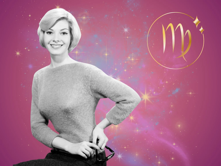 Symbolbild für das Jahreshoroskop 2026 für das Sternzeichen Jungfrau. Illustration einer Frau im Retrostil vor einem pink-lilafarbenen Hintergrund mit einem bunten Sternennebel und dem goldglänzenden Symbol des Sternzeichens.