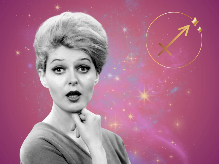 Symbolbild für das Jahreshoroskop 2026 für das Sternzeichen Schütze. Illustration einer Frau im Retrostil vor einem pink-lilafarbenen Hintergrund mit einem bunten Sternennebel und dem goldglänzenden Symbol des Sternzeichens.