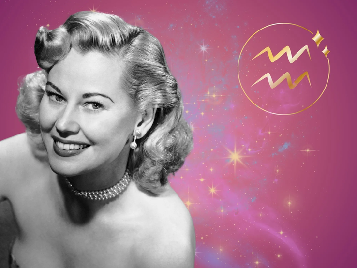 Symbolbild für das Jahreshoroskop 2026 für das Sternzeichen Wassermann. Illustration einer Frau im Retrostil vor einem pink-lilafarbenen Hintergrund mit einem bunten Sternennebel und dem goldglänzenden Symbol des Sternzeichens.