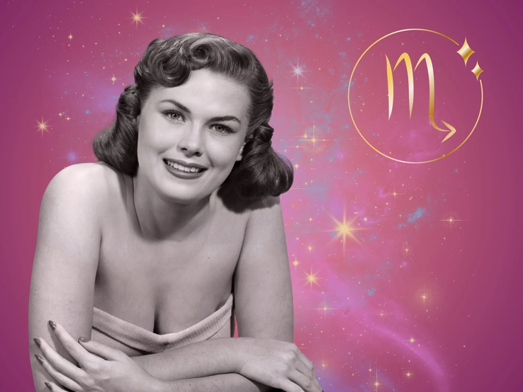 Symbolbild für das Jahreshoroskop 2026 für das Sternzeichen Skorpion. Illustration einer Frau im Retrostil vor einem pink-lilafarbenen Hintergrund mit einem bunten Sternennebel und dem goldglänzenden Symbol des Sternzeichens.