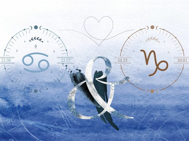 Die astrologischen Symbole der Sternzeichen Krebs und Steinbock vor einer blauen Aquarellzeichnung.