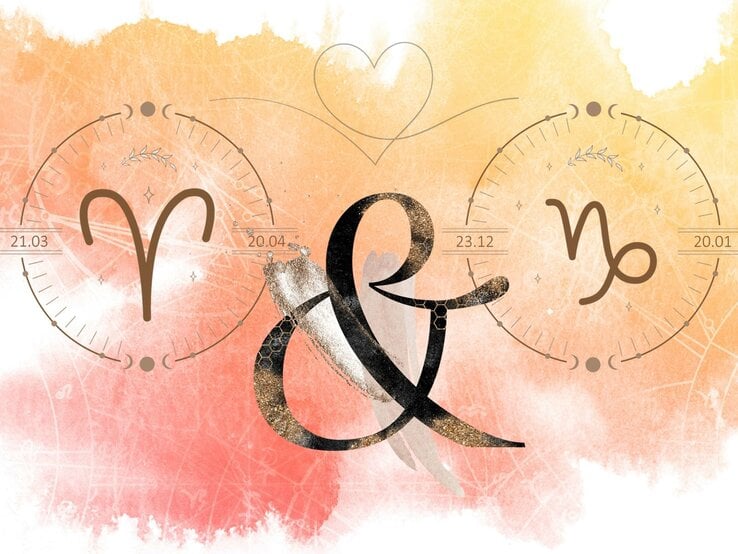 Die astrologischen Symbole der Sternzeichen Widder und Steinbock vor einer orangefarbenen Aquarellzeichnung.