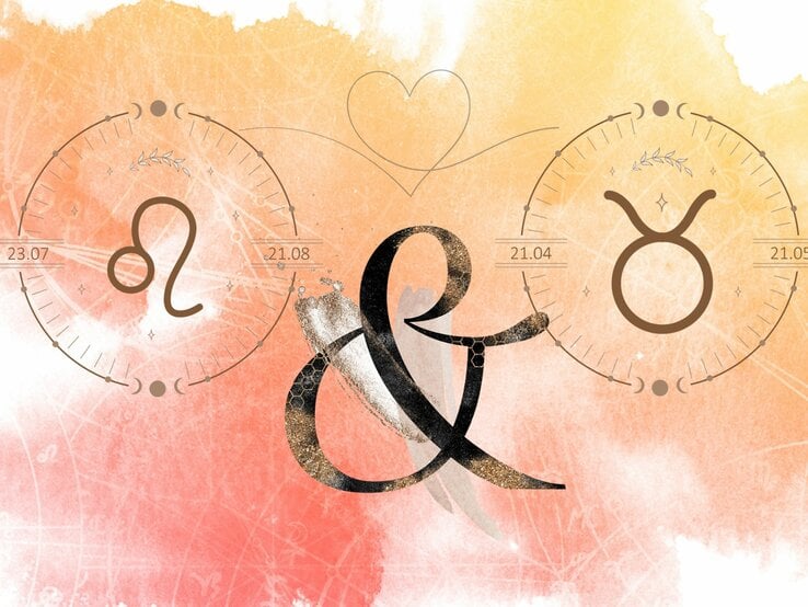Die astrologischen Symbole der Sternzeichen Löwe und Stier vor einer orange-roten Aquarellzeichnung.