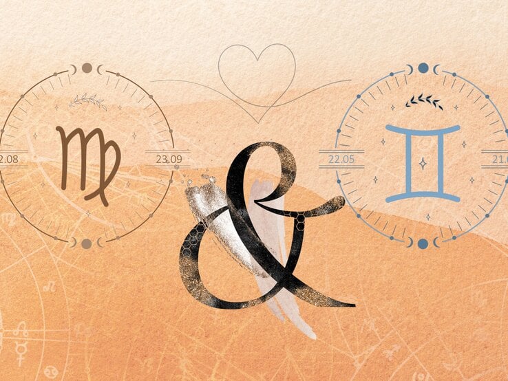 Die astrologischen Symbole der Sternzeichen Jungfrau und Zwillinge vor einer orange-roten Aquarellzeichnung.
