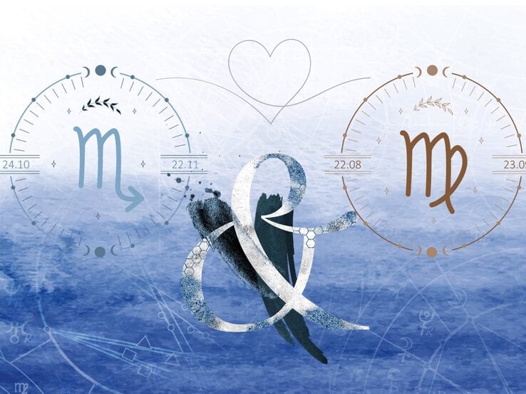 Die astrologischen Symbole der Sternzeichen Skorpion und Jungfrau vor einer hellblauen Aquarellzeichnung.