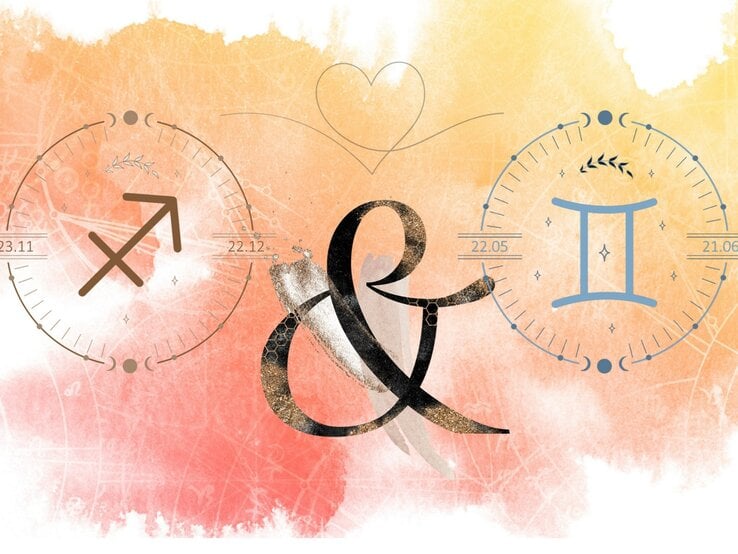 Die astrologischen Symbole des Sternzeichens Schütze und Zwillinge vor einer orangefarbenen Aquarellzeichnung.