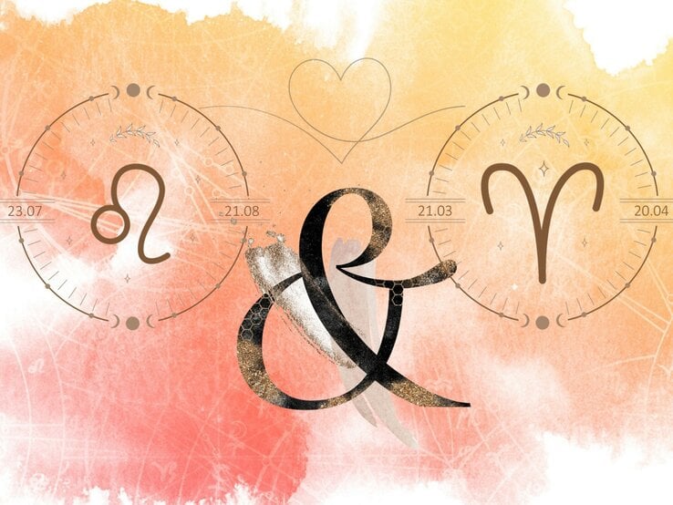 Die astrologischen Symbole der Sternzeichen Löwe und Widder vor einer orangefarbenen Aquarellzeichnung.