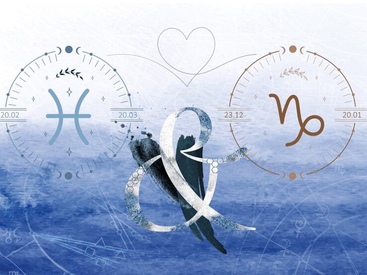 Die astrologischen Symbole der Sternzeichen Fische und Steinbock vor einer blauen Aquarellzeichnung.