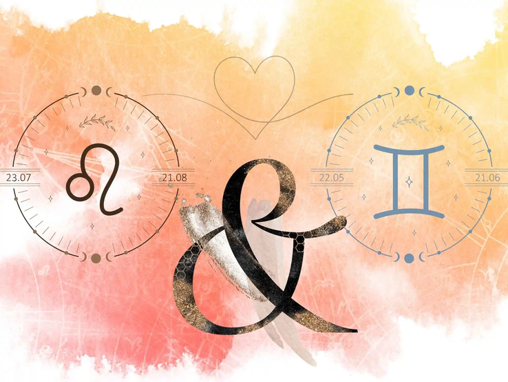 Die astrologischen Symbole der Sternzeichen Löwe und Zwillinge vor einer orangefarbenen Aquarellzeichnung.