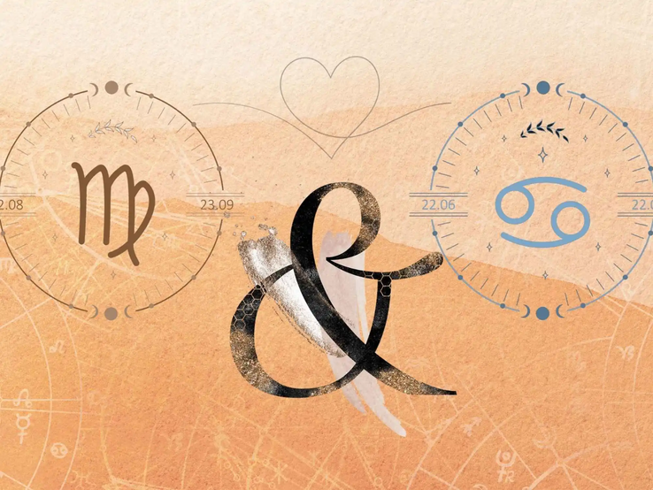 Die astrologischen Symbole der Sternzeichen Jungfrau und Krebs vor einer orange-roten Aquarellzeichnung.