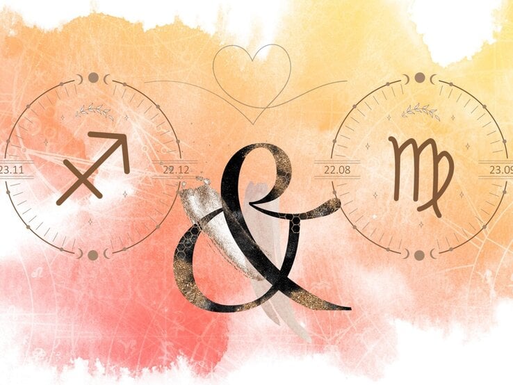 Die astrologischen Symbole der Sternzeichen Schütze und Jungfrau vor einer orangefarbenen Aquarellzeichnung.